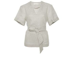 Kaelen Metallic Linen Tie Front V Neck Top L